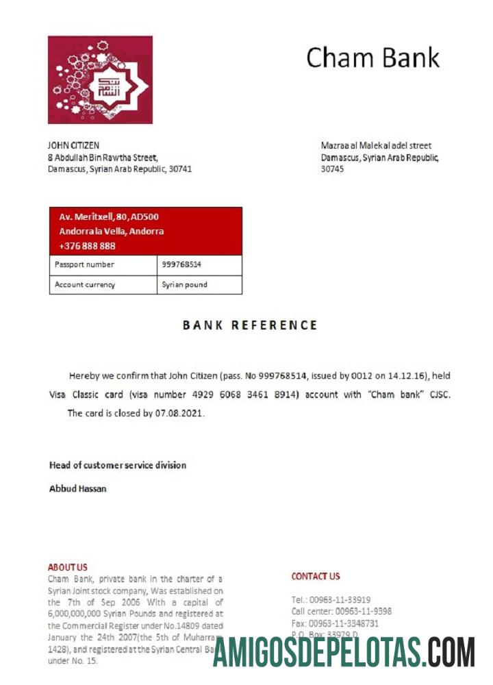 Referência de fechamento do Syria Cham Bank amostra